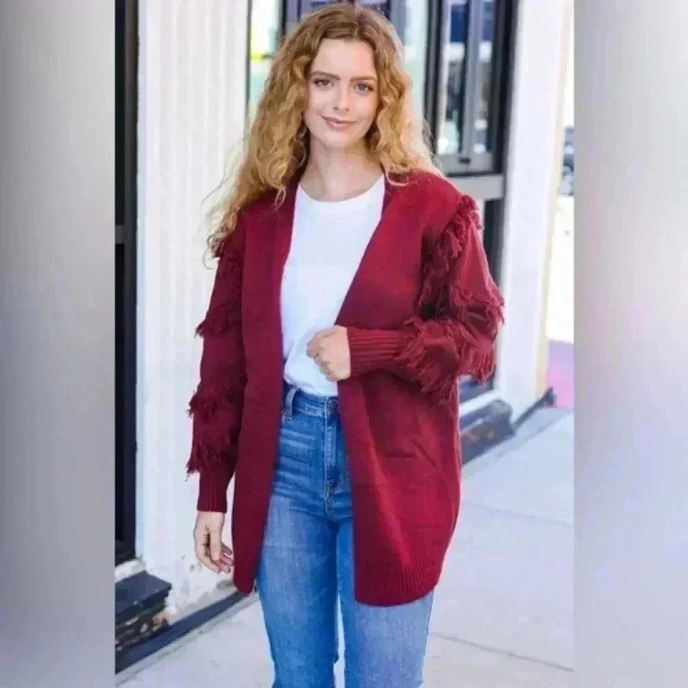 Beautiful You Burgundy Fringe Detail Knit Cardigan